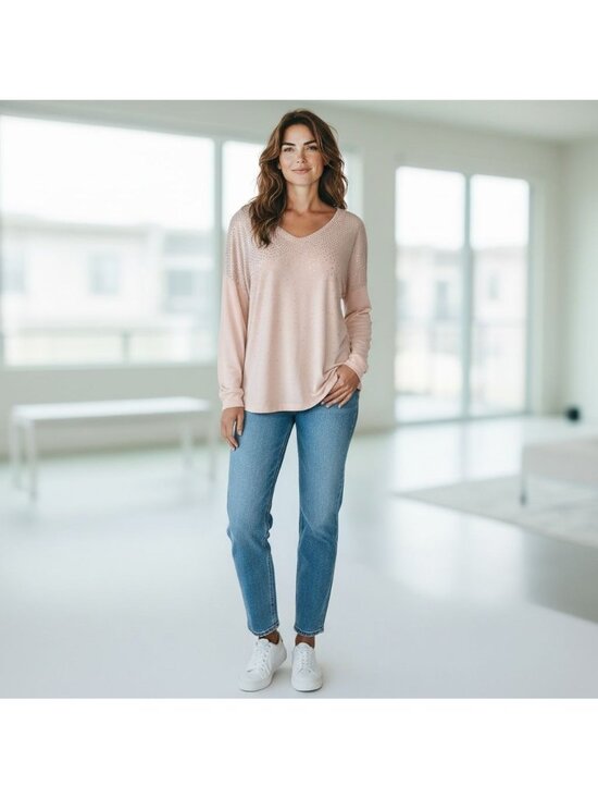 Rebecca Malone Tops - Rebecca Malone XL Womens V-Neck Top w/ Silver Embellishments Pink Long Sleeves